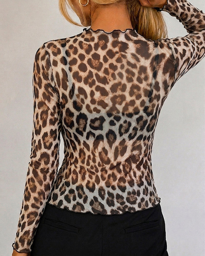 Women's Leopard Print Sheer Mesh Top Frill Trim Mock Neck Long Sleeve Tee