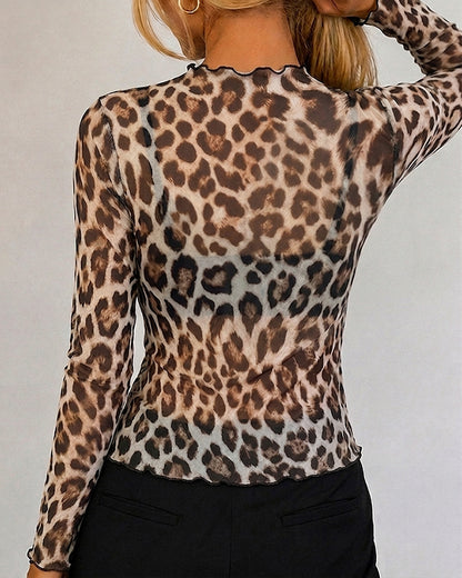 Women's Leopard Print Sheer Mesh Top Frill Trim Mock Neck Long Sleeve Tee