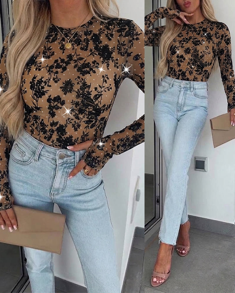 Women's Rhinestone Flocking Floral Sheer Mesh Top Fitted Long Sleeve Tee with Thumb Holes