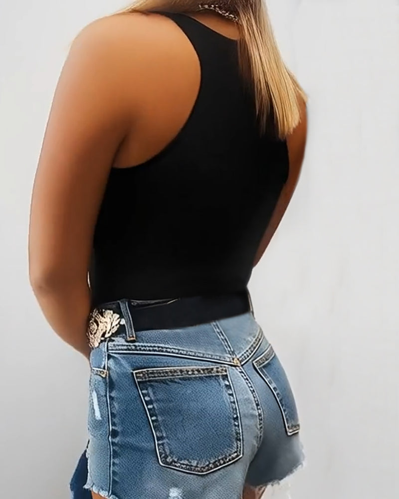 Round Neck Rhinestone Decor Skinny Tank Top