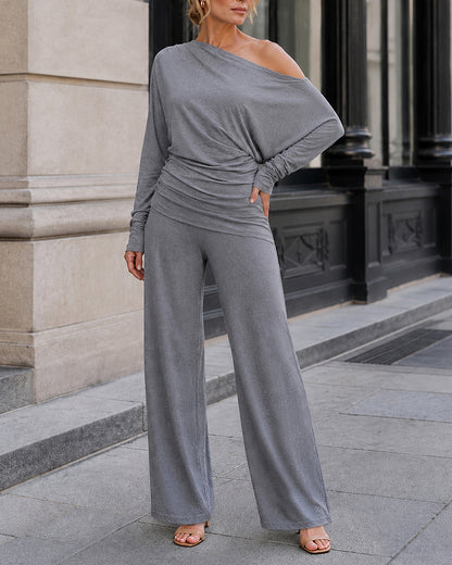 Women's 2 Piece Outfits Skew Neck Ruched Asymmetric Hem Top and Wide Leg Pants Set Casual Lounge Set