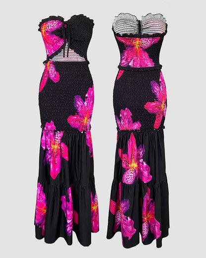 Floral Print Bandeau Sleeveless Shirred Hollow-out Maxi Dress