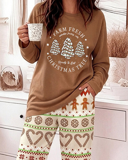 Women's Vintage Christmas Graphic Pajama Set Crew Neck Long Sleeve Top and Wide Leg Pants