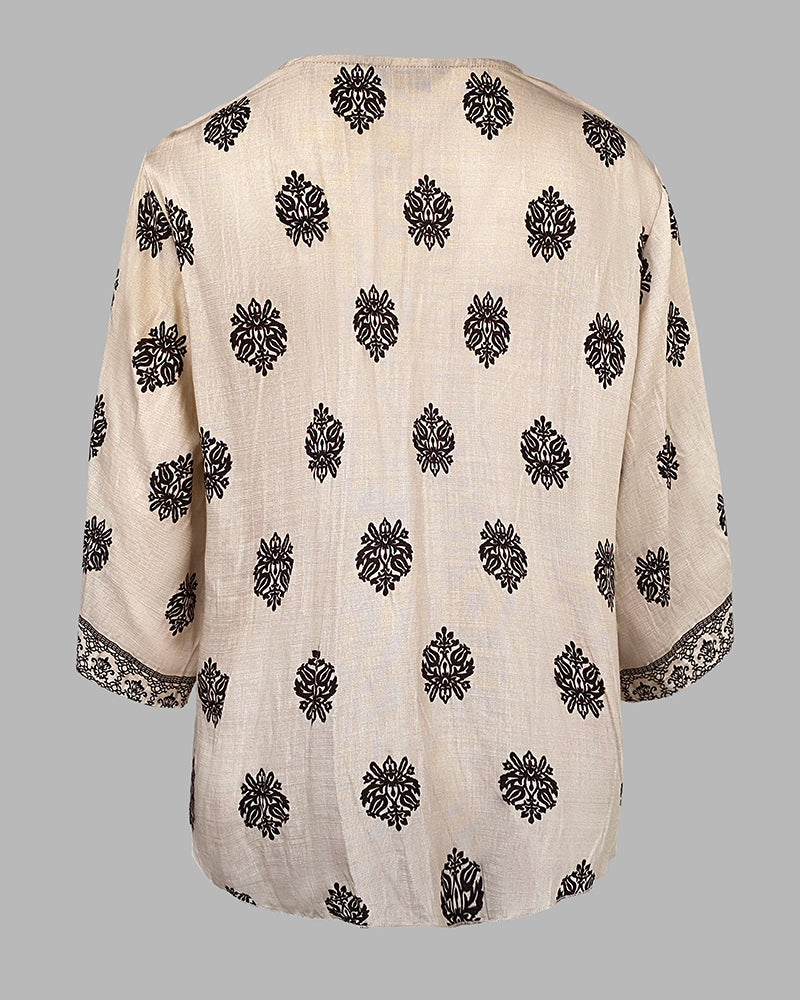 Floral Print V Neck Long Sleeve Blouse Casual Loose Fit Top