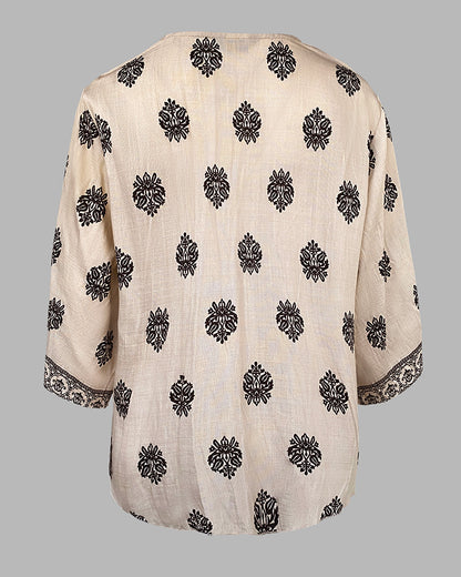 Floral Print V Neck Long Sleeve Blouse Casual Loose Fit Top