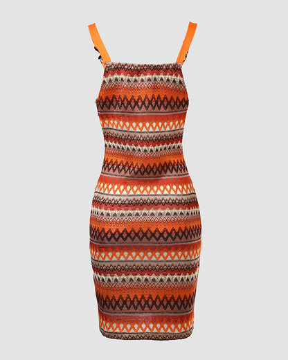 Chevron Pattern V-Neck Chain Decor Pocket Design Mini Dress