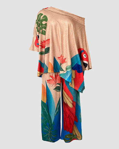 Women's 2-Piece Tropical Print Outfit Off Shoulder Batwing Sleeve Loose Top and Wide Leg Pants Set Casual Vacation Matching Suit