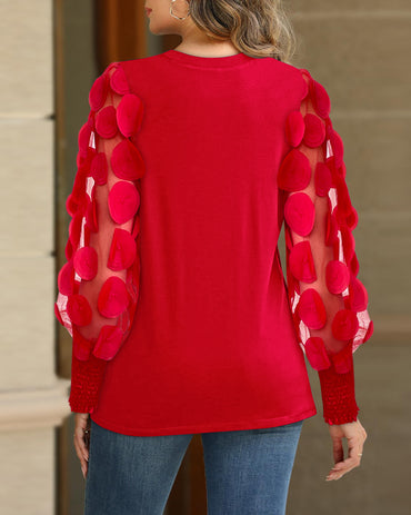 3D Polka Dot Appliques Mesh Long Sleeve Blouse Casual Shirred Cuffs Seam Front Top