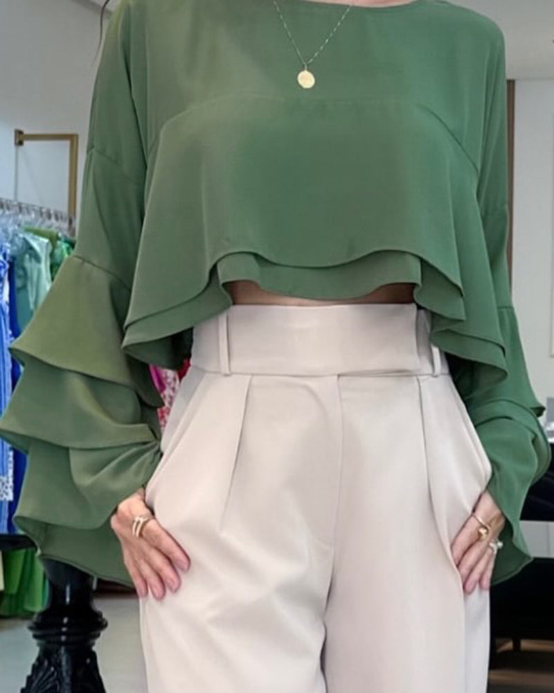 Round Neck Bell Sleeve Crop Top Casual Loose Fit Layered Blouse