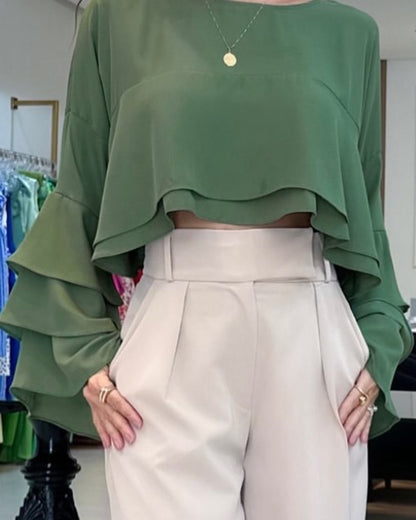 Round Neck Bell Sleeve Crop Top Casual Loose Fit Layered Blouse