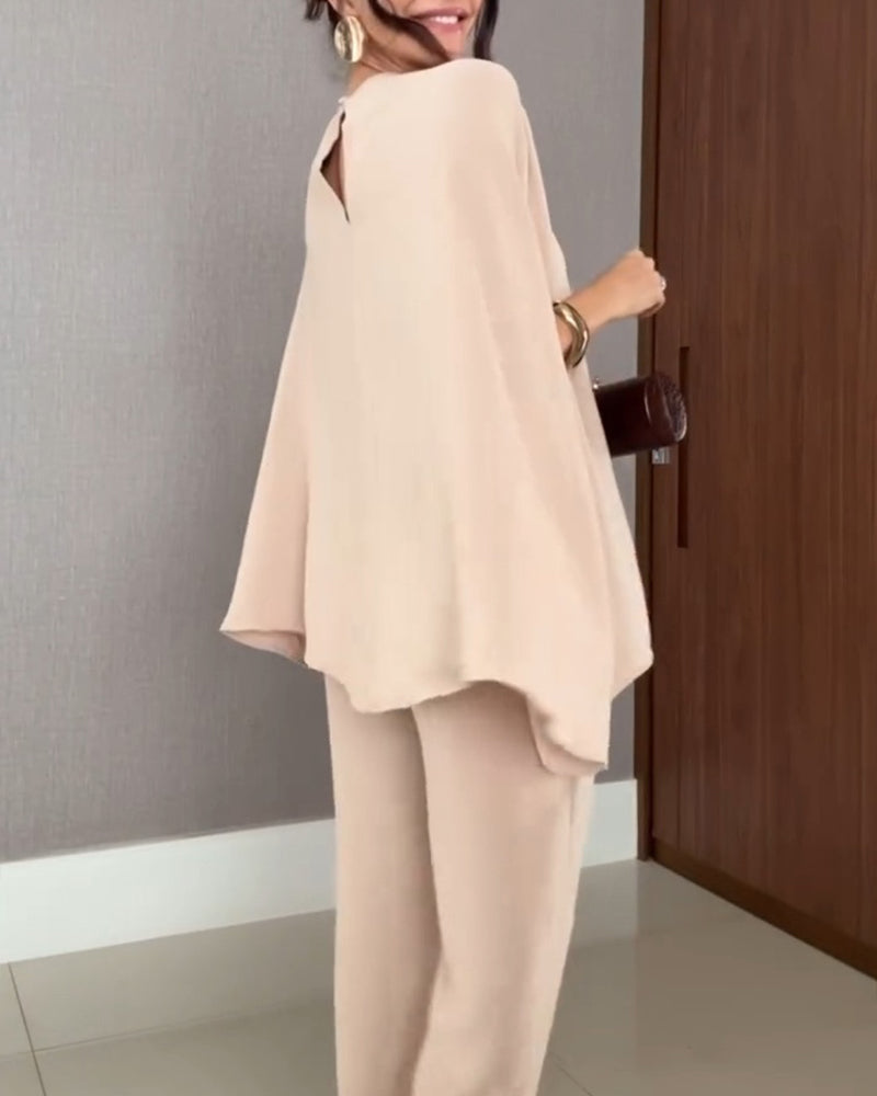 2 Pieces Outfit Elegant Pearl Embellished Split Sleeve Top and Casual Wide Leg Pants Set