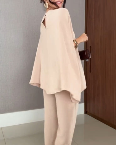 2 Pieces Outfit Elegant Pearl Embellished Split Sleeve Top and Casual Wide Leg Pants Set