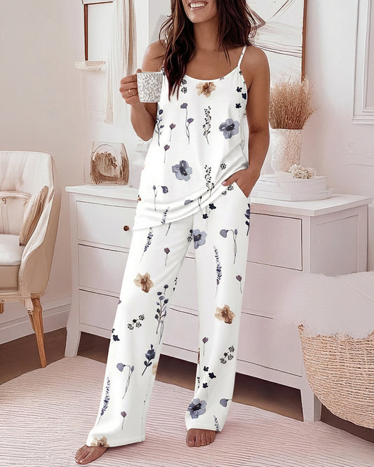 2 Pieces Outfit U-Neck Adjustable Spaghetti Straps Cami Top and Elastic Waist Wide Leg Pants Set Casual Watercolor Floral Print Pajamas Set