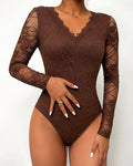 Women's Sexy Lace Bodysuit V Neck Long Sleeve Top Casual Slim Fit Clubwear