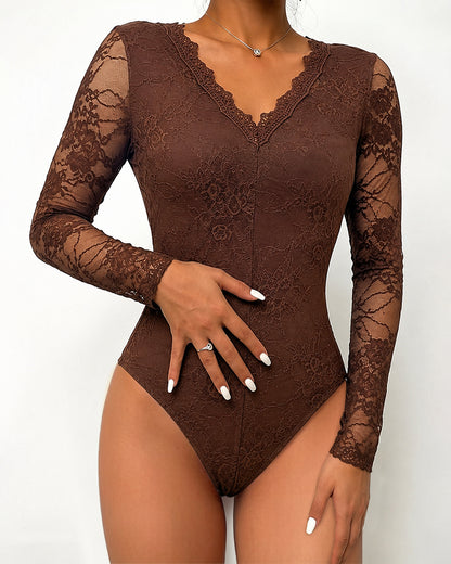Women's Sexy Lace Bodysuit V Neck Long Sleeve Top Casual Slim Fit Clubwear