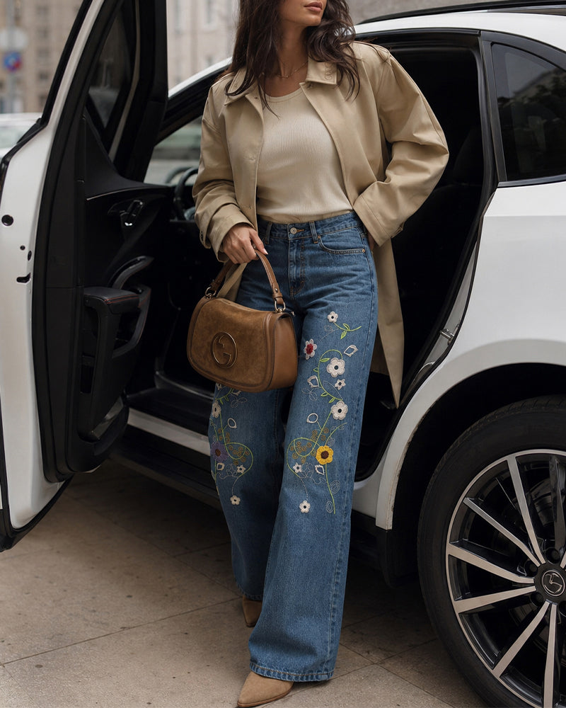 Women's High Waisted Floral Embroidered Wide Leg Jeans Washed Denim Pants
