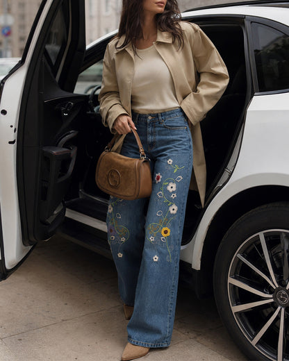 Women's High Waisted Floral Embroidered Wide Leg Jeans Washed Denim Pants