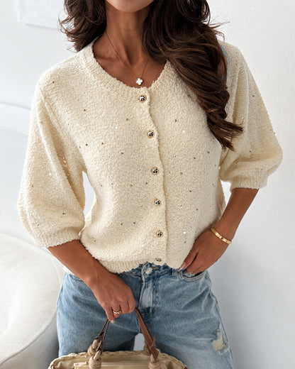 Women's Boucle Knit Cardigan Gold Beaded Puff Sleeve Sweater Crewneck Button Up Elegant Crop Outerwear