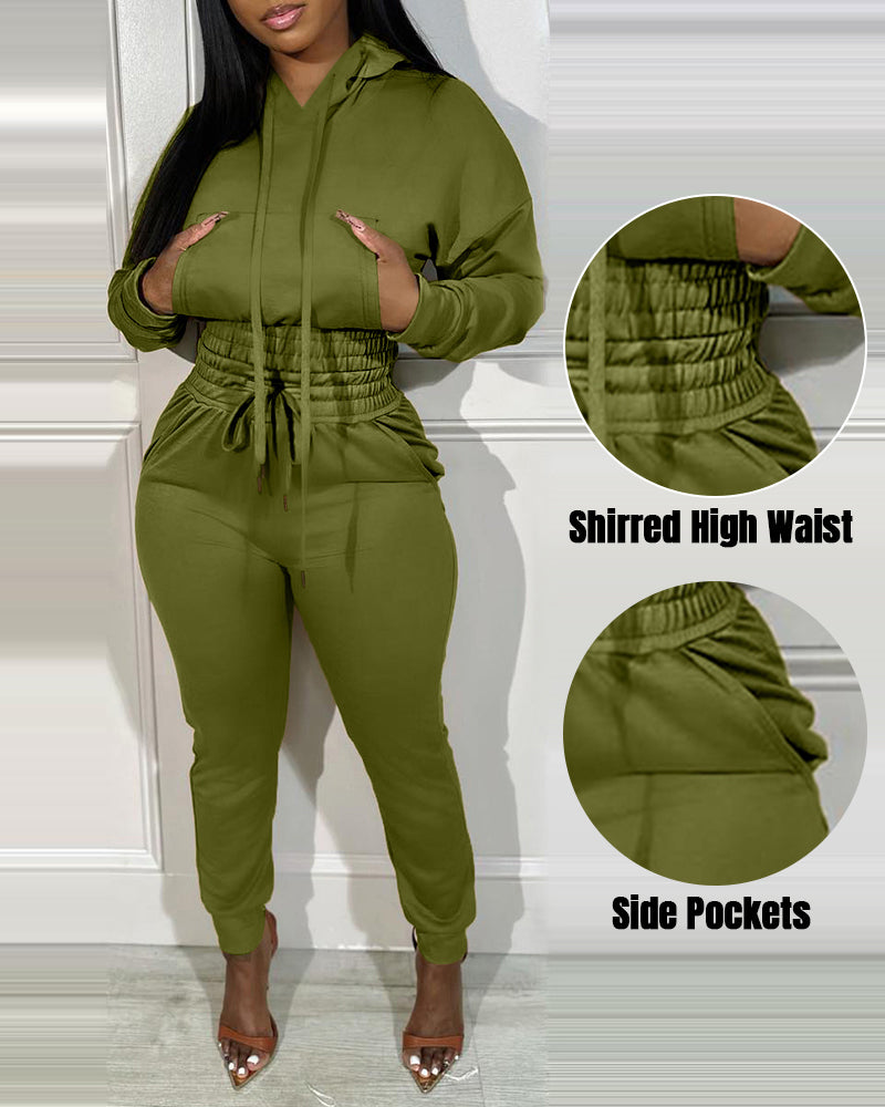 2 Pieces Outfit Drop Shoulder Kangaroo Pocket Stretchy Hem Crop Drawstring Hoodie Sweatshirt And Drawstring Elastic Waist Jogger Sweatpants Casual Tracksuit