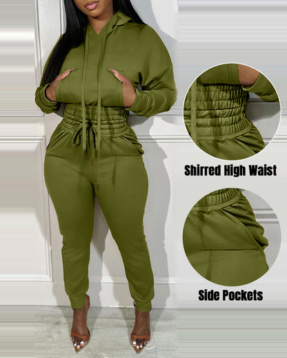 2 Pieces Outfit Drop Shoulder Kangaroo Pocket Stretchy Hem Crop Drawstring Hoodie Sweatshirt And Drawstring Elastic Waist Jogger Sweatpants Casual Tracksuit