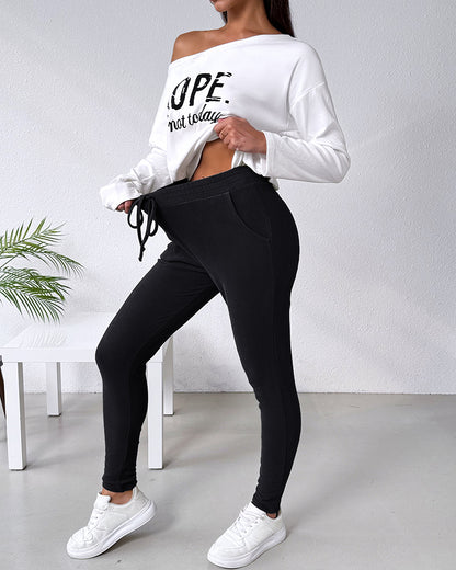 2 Pieces Outfit Nope. Not Today Slogan Print Skew Neck Long Sleeve Pullover Top And Casual Drawstring Stretchy Waist Slim Fit Pants Set