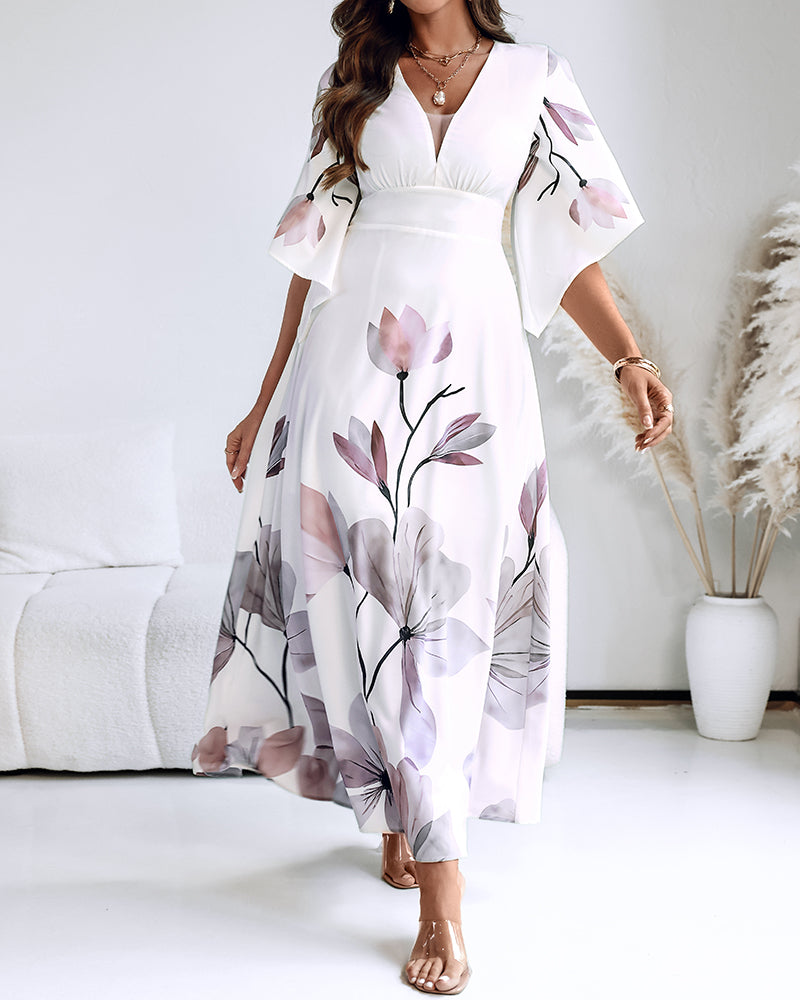 Floral Placement Print Deep V Neck Bell Sleeve Vacation Dress Casual Zipper Back Cinched Waist Maxi Dress With Lining