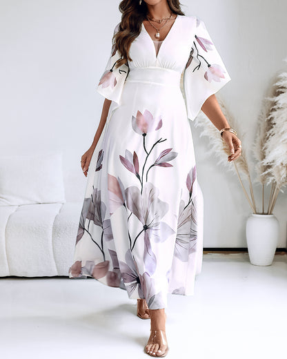 Floral Placement Print Deep V Neck Bell Sleeve Vacation Dress Casual Zipper Back Cinched Waist Maxi Dress With Lining