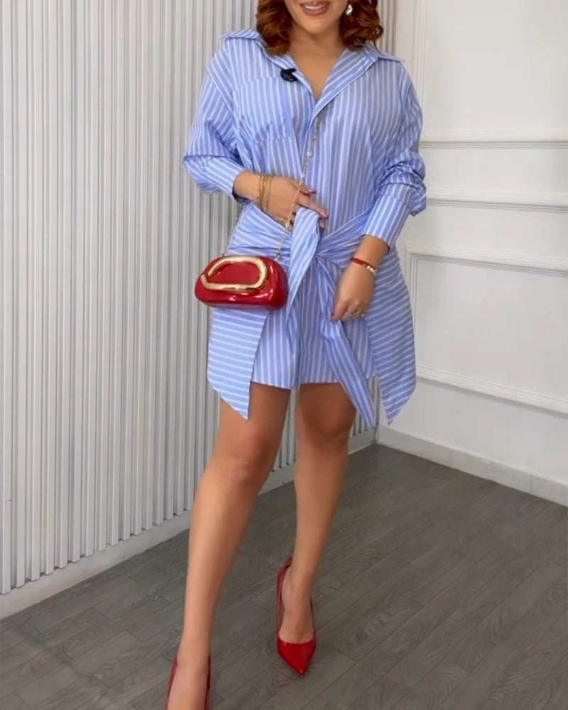 Women's Striped Button Down Shirt Dress Tie Front Wrap Asymmetric Hem Long Sleeve Casual Dress