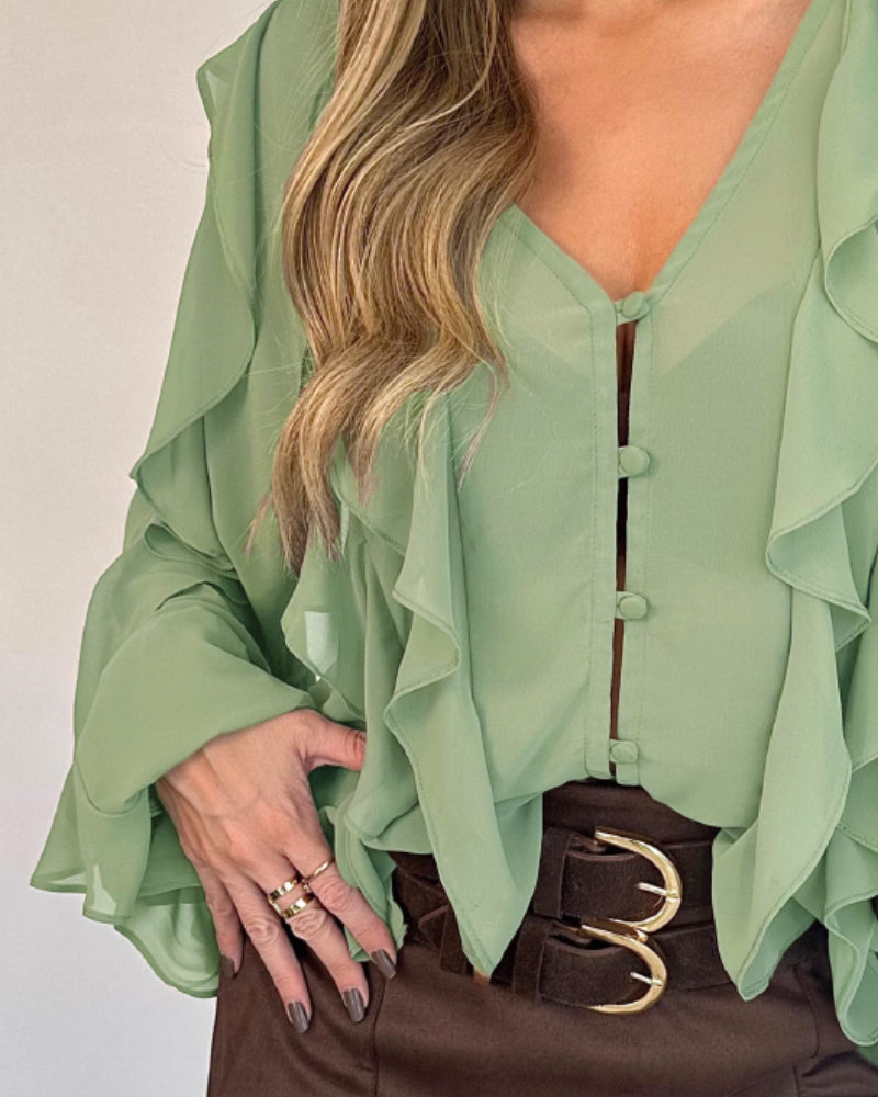 V Neck Shoulder Ruffles Design Blouse Casual Button Front Long Sleeve Top