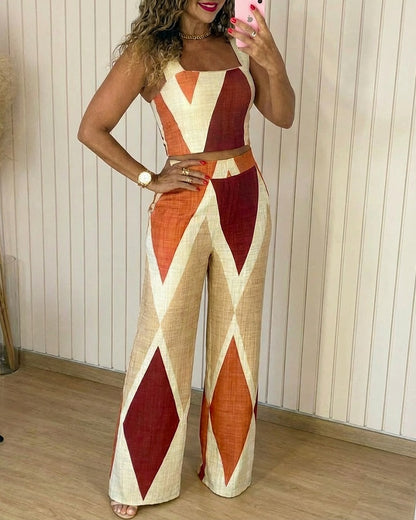 2 Pieces Outfit Square Neck Thick Strap Shirred Back Crop Tank Top and High Waist Elastic Back Waist Wide Leg Pants Set Casual Colorblock Geometric Print Vacation Set