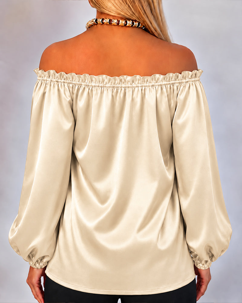 Women's Off Shoulder Satin Frill Trim Tie Front Lantern Sleeve Top