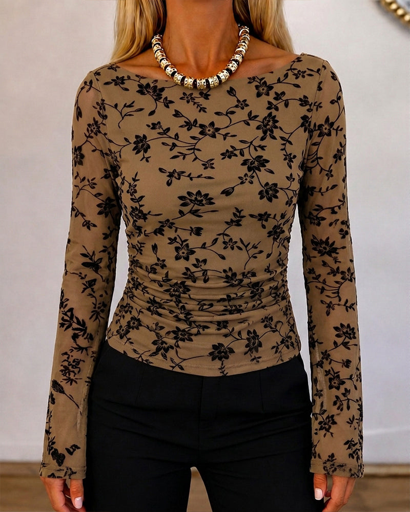 Women's Vintage Flocked Floral Mesh Top Boat Neck Ruched Flare Long Sleeve Tee