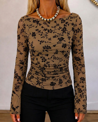 Women's Vintage Flocked Floral Mesh Top Boat Neck Ruched Flare Long Sleeve Tee
