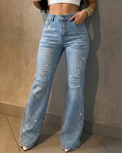 Women's Rhinestone Flare Jeans High Waisted Distressed Ripped Jeans Y2K Retro Streetwear Denim Pants