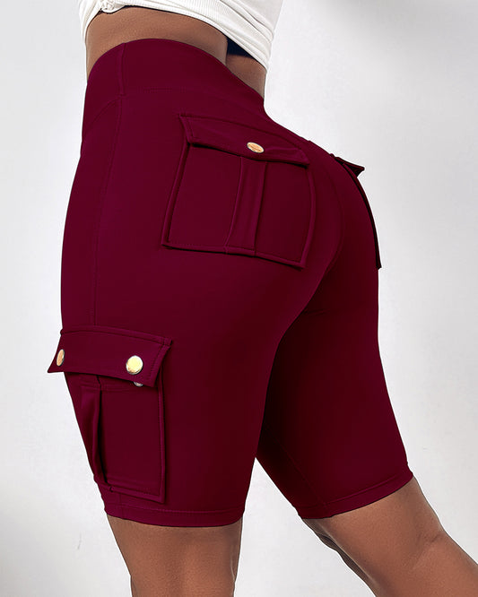 Bauchkontrolle, Po-Lifting, aktive Shorts, hohe Taille, Klappentasche, Workout-Bermuda, Cargo-Laufshorts