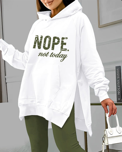 2 Pieces Outfit Nope. not today Slogan Print Kangaroo Pocket Side Slit High-Low Hem Hoodie Sweatshirt and Elastic Waist Slim Fit Sweatpants Set