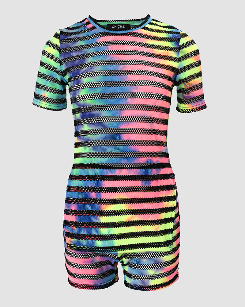 Women's Striped Tie Dye Two Piece Set Short Sleeve Side Slit Top and High Waist Shorts Slim Fit Mesh Patchwork Outfits