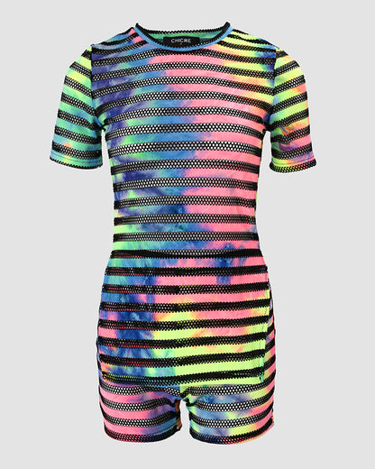 Women's Striped Tie Dye Two Piece Set Short Sleeve Side Slit Top and High Waist Shorts Slim Fit Mesh Patchwork Outfits