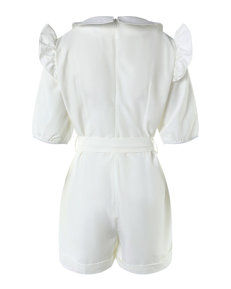 Women's V Neck Frill Trim Short Sleeve Romper Casual Turn-down Collar Hollow Out Romper With Belt