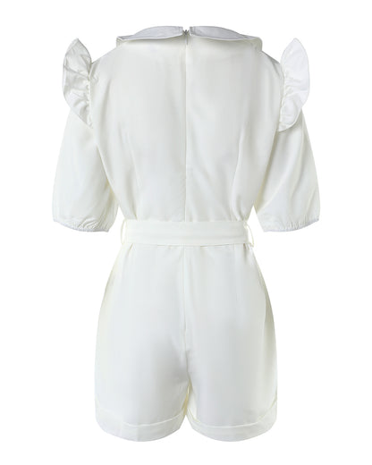 Women's V Neck Frill Trim Short Sleeve Romper Casual Turn-down Collar Hollow Out Romper With Belt