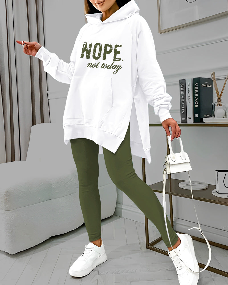 2 Pieces Outfit Nope. not today Slogan Print Kangaroo Pocket Side Slit High-Low Hem Hoodie Sweatshirt and Elastic Waist Slim Fit Sweatpants Set