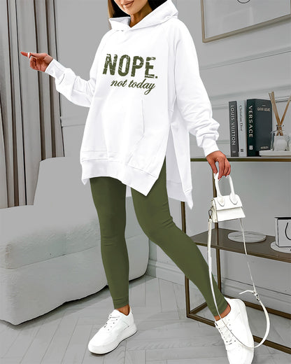 2 Pieces Outfit Nope. not today Slogan Print Kangaroo Pocket Side Slit High-Low Hem Hoodie Sweatshirt and Elastic Waist Slim Fit Sweatpants Set