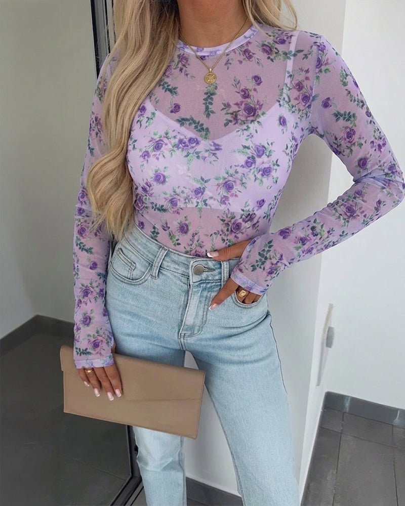 Women's Floral Print Sheer Mesh Top Long Sleeve Slim Fit Crewneck Layering Top with Thumb Hole Cuffs
