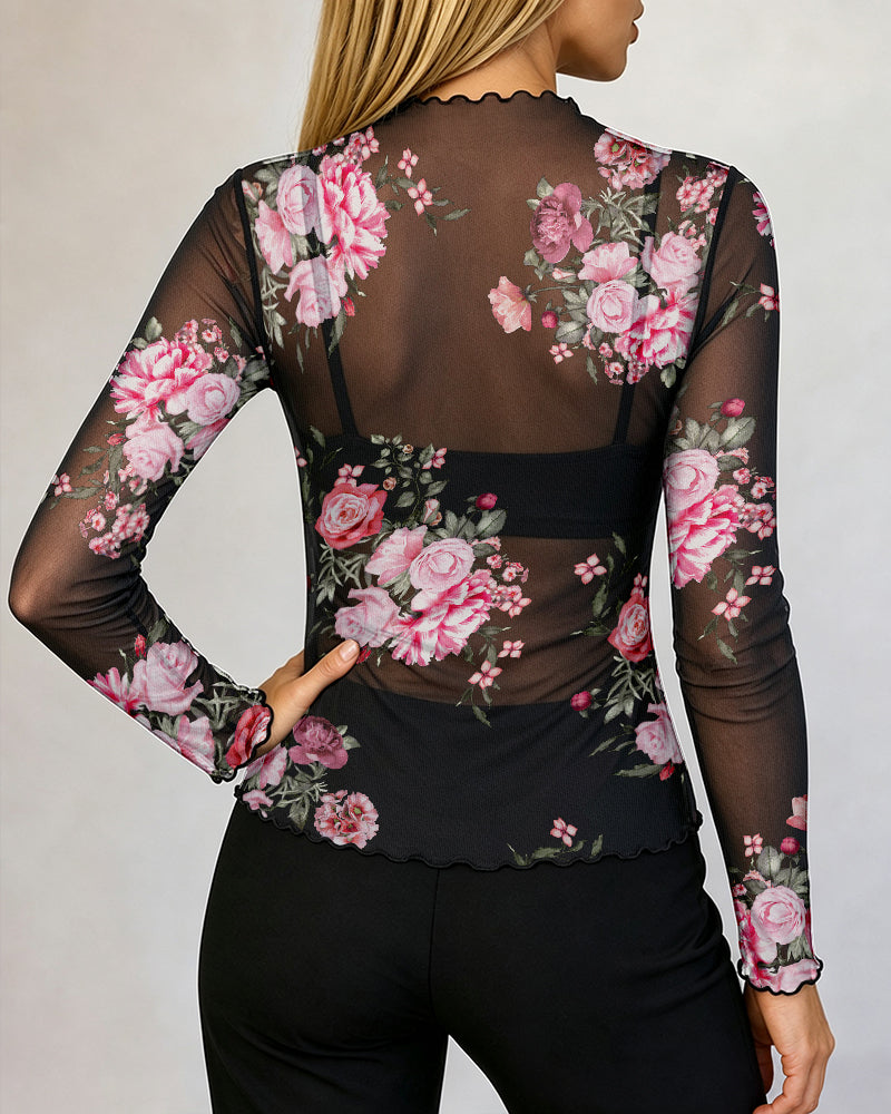 Women's Sheer Mesh Vintage Floral Print Mock Neck Frill Trim Long Sleeve Top
