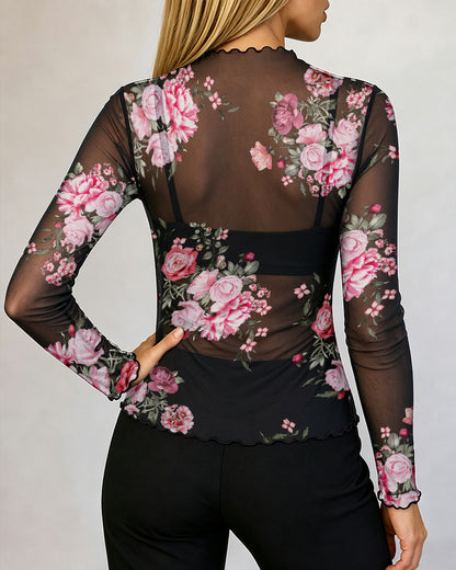Women's Sheer Mesh Vintage Floral Print Mock Neck Frill Trim Long Sleeve Top