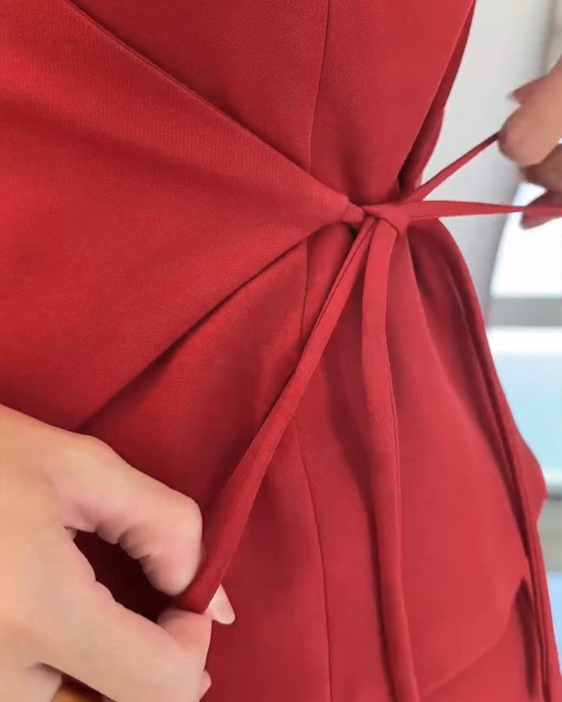 2 Pieces Outfit Plunge V Neck Waist Lace Up Vest and Casual High Waist Straight Pants Set