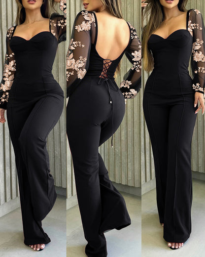 Sweetheart Neck Sequin Floral Mesh Sleeves Lace-up Back Jumpsuit Casual Backless Seam Front Flared Jumpsuit