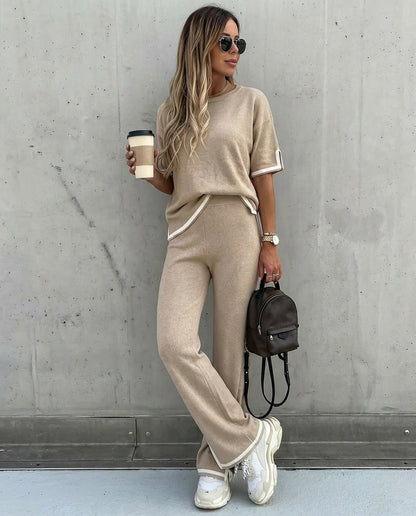 2 Pieces Outfit Round Neck Short Sleeve High-Low Hem Top and Elastic Waist Straight Leg Pants Set Casual Contrast Paneled Side Slit Knit Loungewear Set