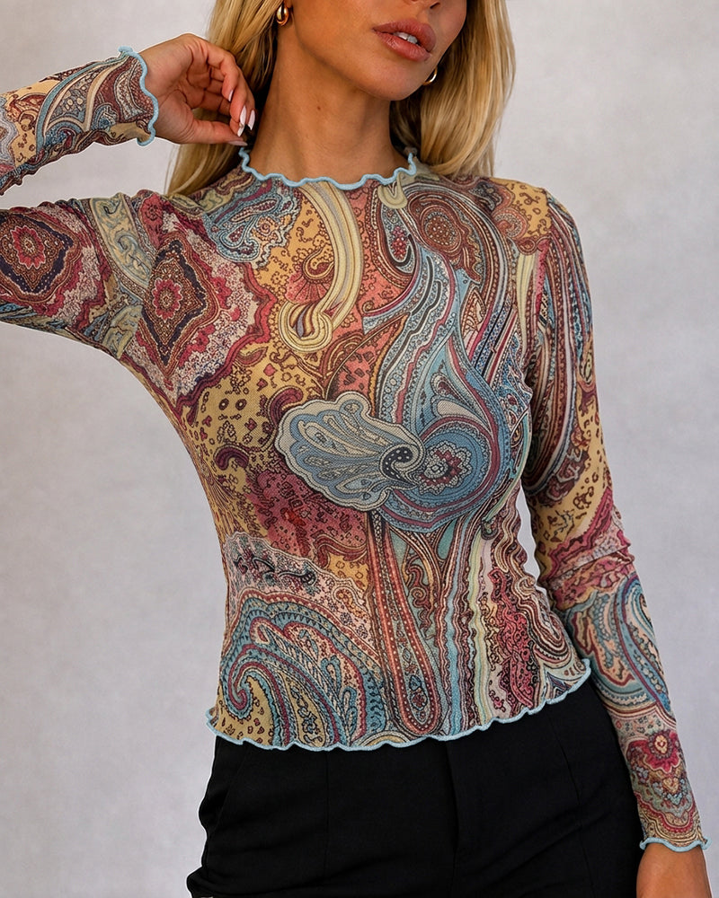 Women's Vintage Print Sheer Mesh Top Frill Trim Mock Neck Long Sleeve Tee