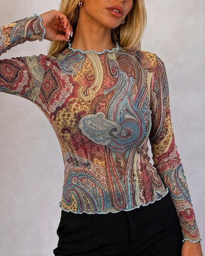 Women's Vintage Print Sheer Mesh Top Frill Trim Mock Neck Long Sleeve Tee
